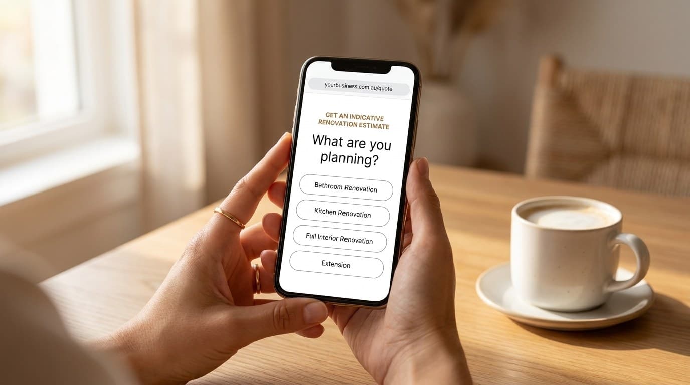 A customer at their kitchen table pricing a renovation on their phone with a Quote Calculators quote calculator